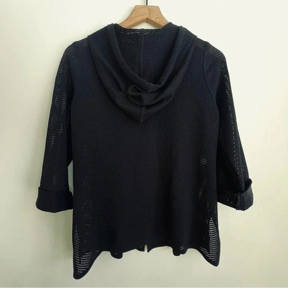 MISOOK Mesh Perforated Zip Up Hooded Jacket XS Black 3/4 Sleeve tab acrylic knit - Picture 9 of 13